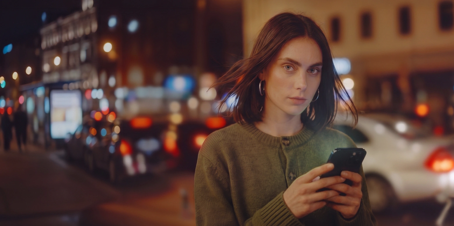 Persona en la calle revisando su teléfono de noche