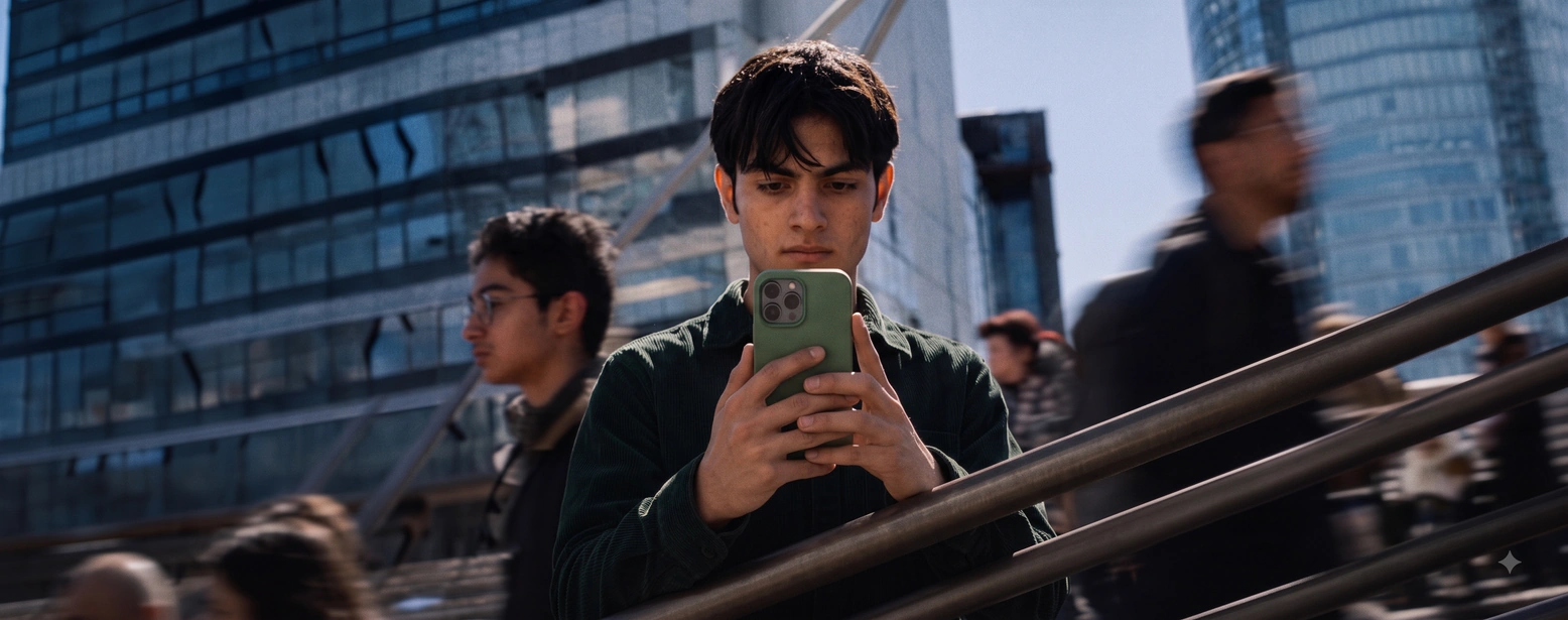 Persona revisando su teléfono en un entorno urbano