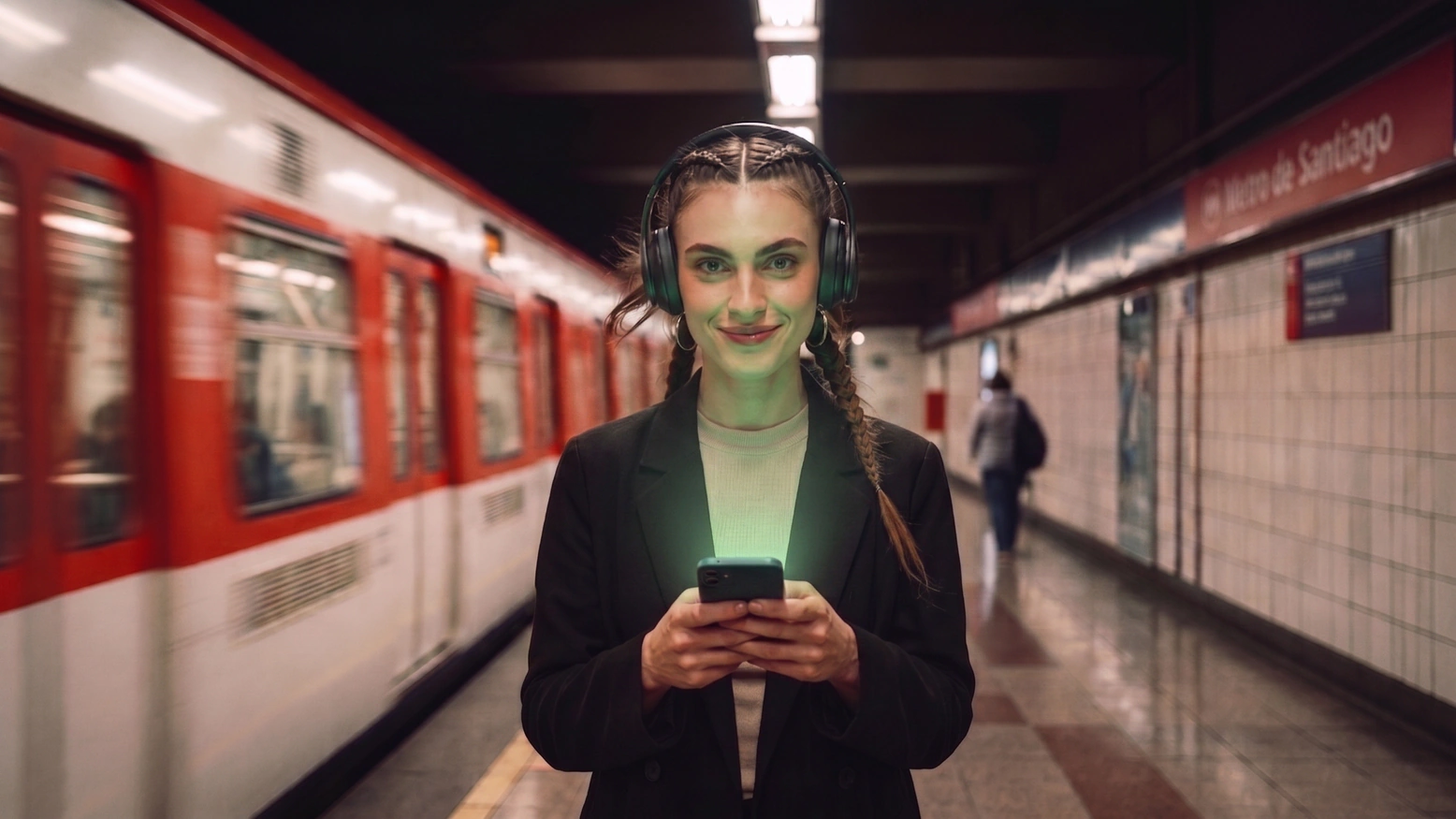 Mujer en el metro revisando su teléfono con pantalla verde