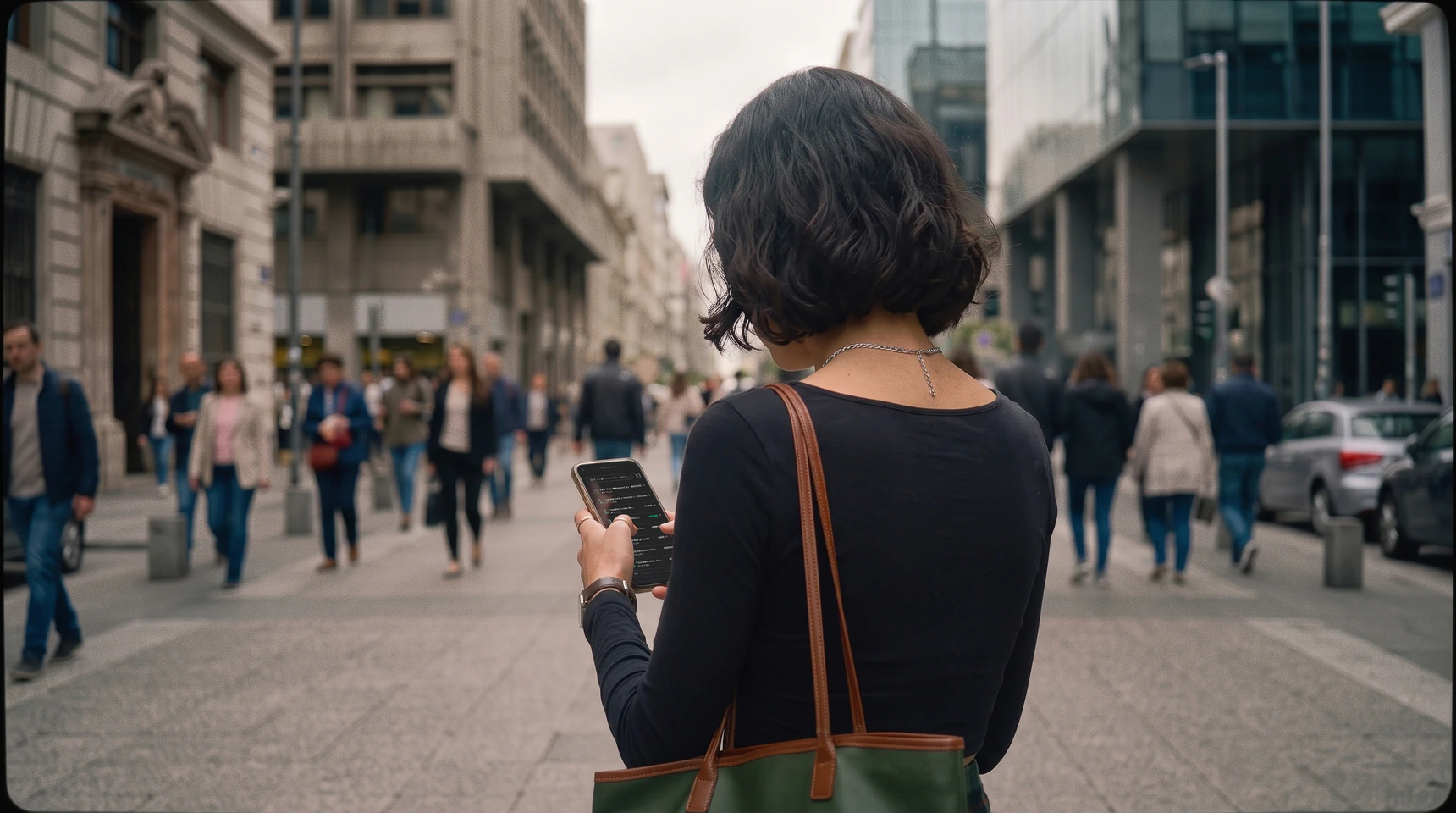 Persona revisando movimientos en su teléfono en la calle